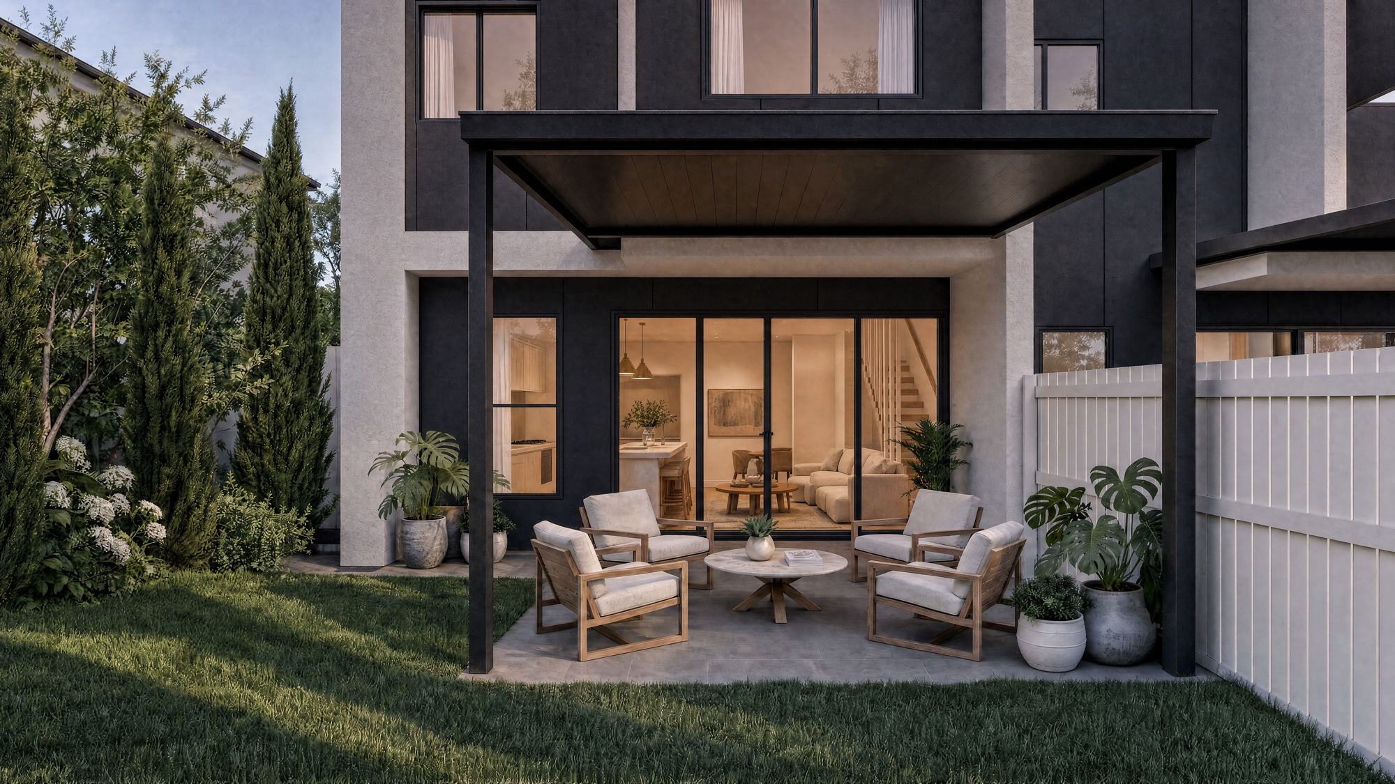 UNE — private courtyard terrace with covered alfresco lounge