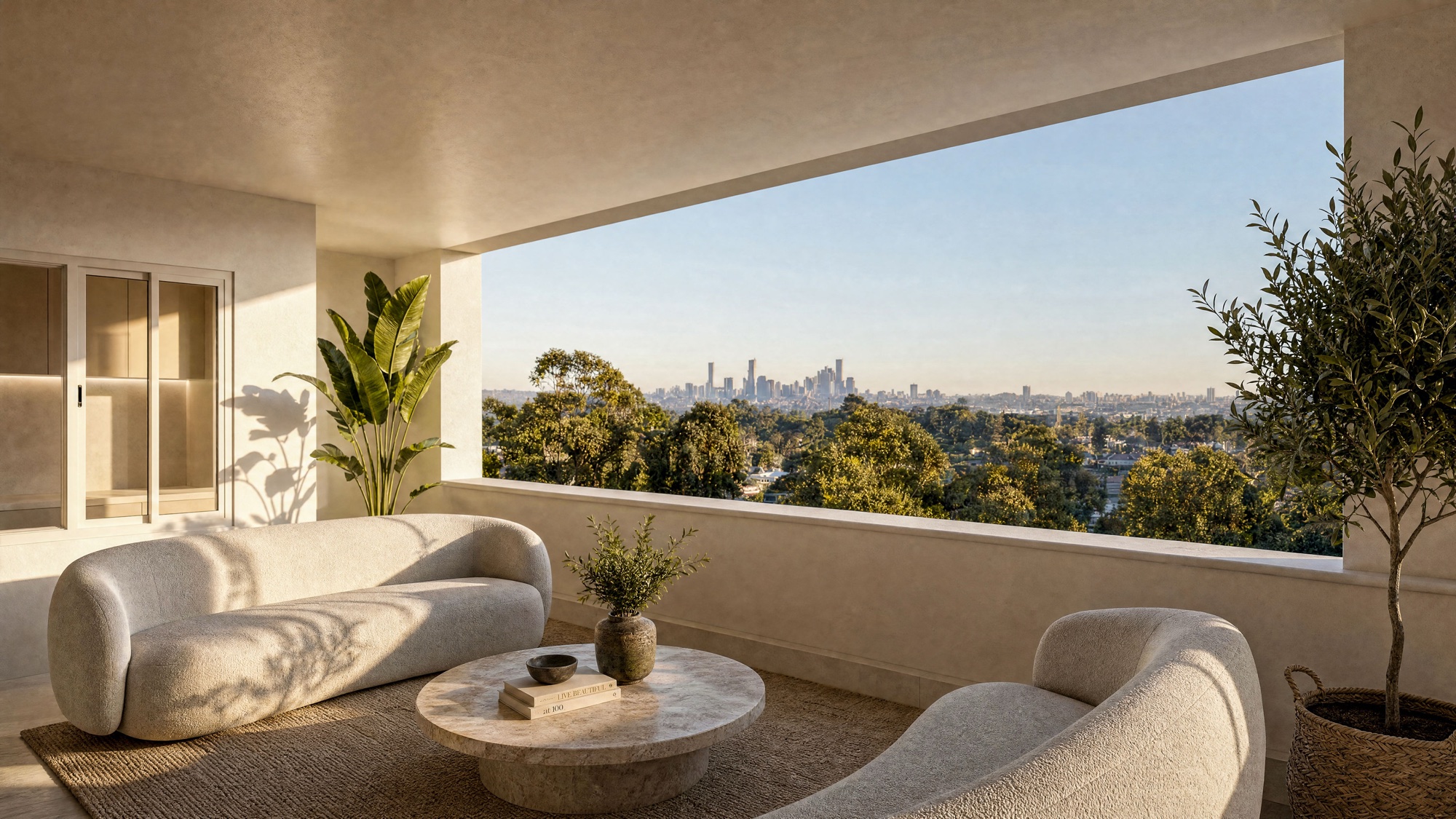 UNE — open-plan living room framing the Brisbane skyline at golden hour