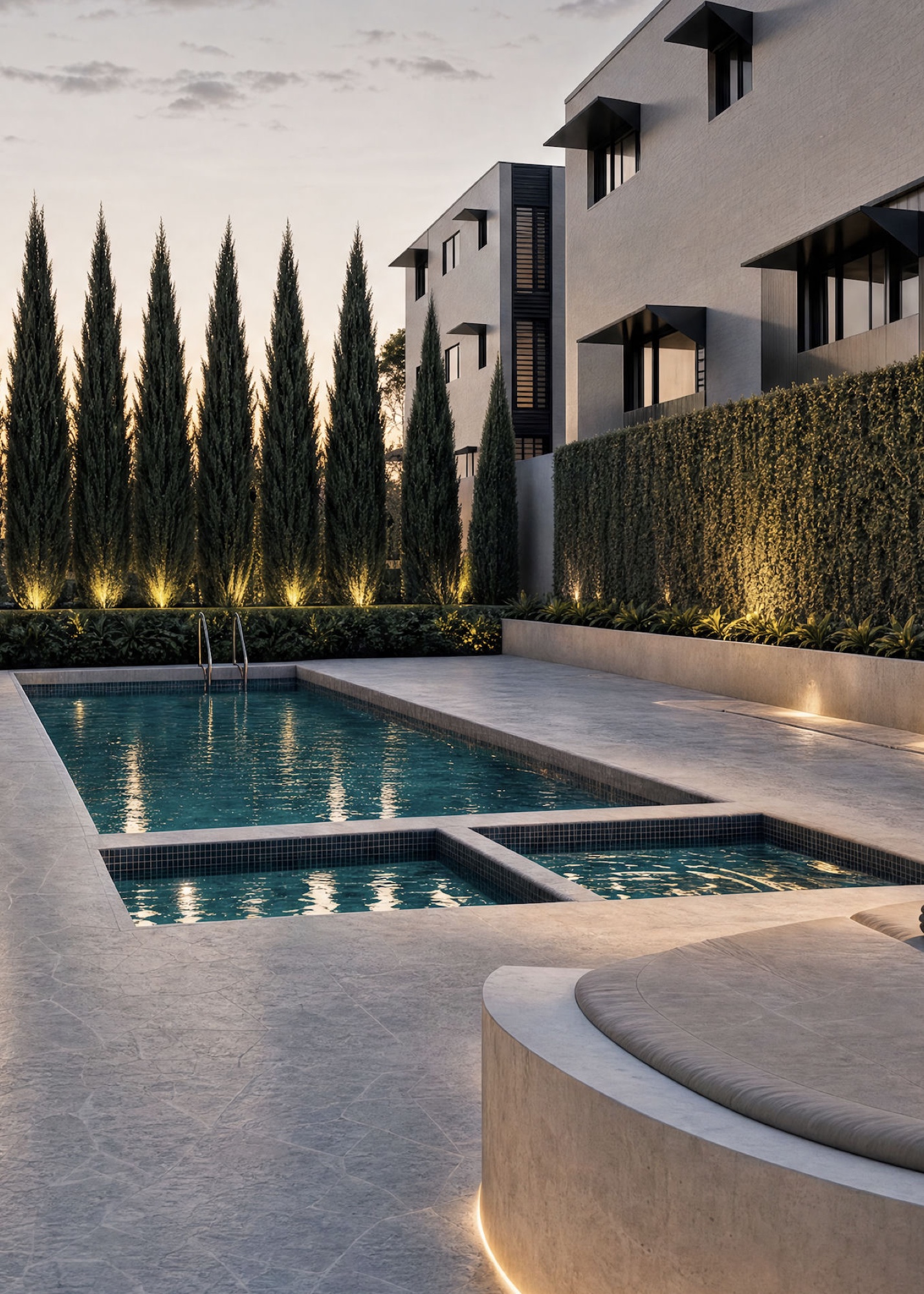 Soma — the lap pool, spa and travertine terrace at dusk